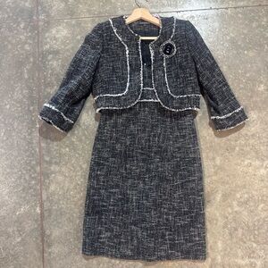 Tahari Black White Tweed Sheath Dress & Cropped Jacket Set Size 2